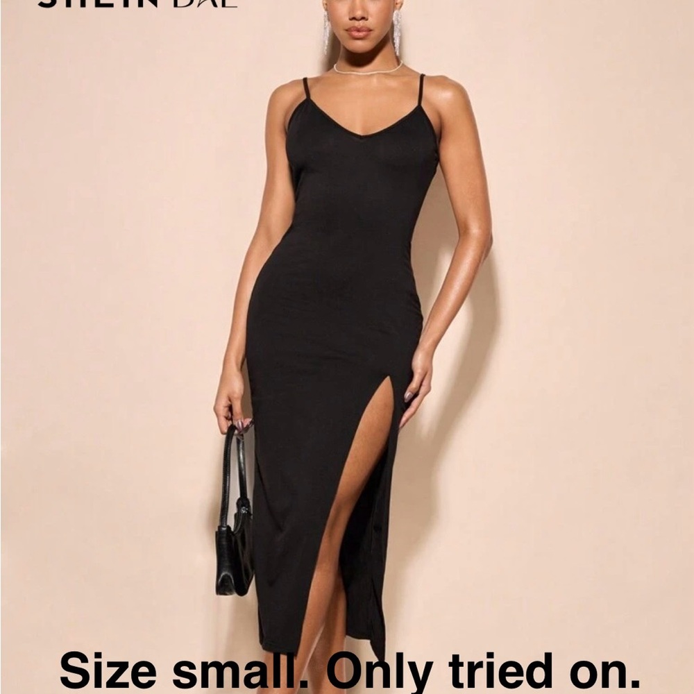SHEIN Black Bodycon Midi Dress with Slit
